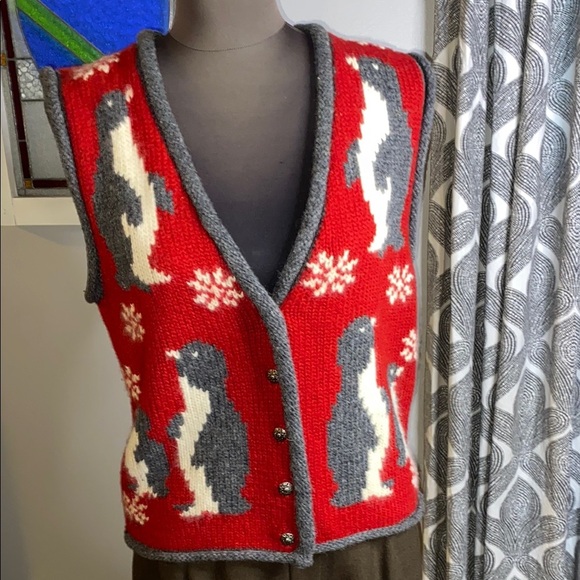 Kathy Gallagher Penguin Patterned Red Wool Knit Sweater Vest - Picture 1 of 7
